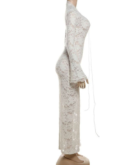 Sultry White Lace Bell Sleeve Maxi Dress | High Slit & Lace-Up Front | Resort & Winter Getaway Essential