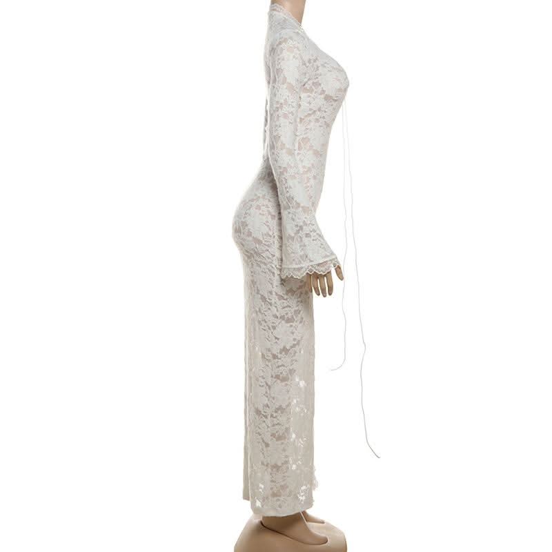 Sultry White Lace Bell Sleeve Maxi Dress | High Slit & Lace-Up Front | Resort & Winter Getaway Essential