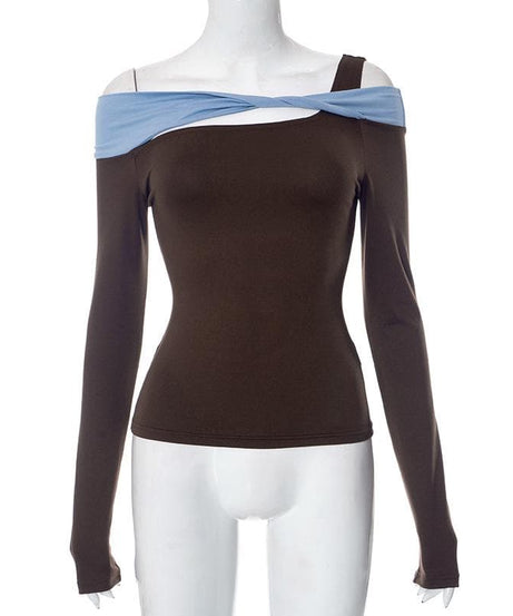 Effortless Chic Asymmetric Off-Shoulder Long Sleeve Top - Trendy Fall Contrast Panel