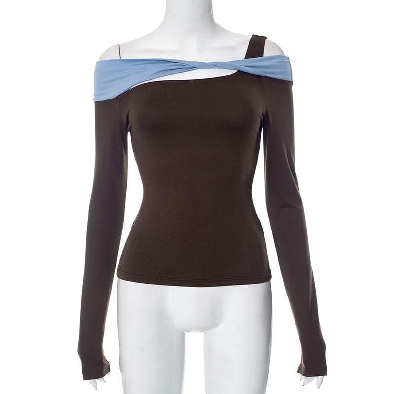 Effortless Chic Asymmetric Off-Shoulder Long Sleeve Top - Trendy Fall Contrast Panel