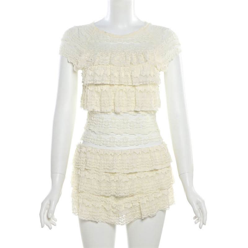 Dreamy Tiered Ruffle Lace Knit Shorts Set - Cozy Resort & Lounge Wear for Women