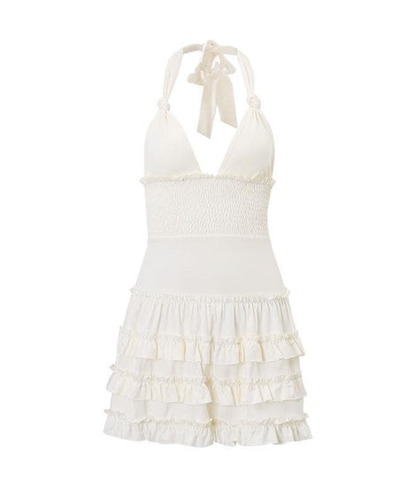 Dreamy White Halter Plunge Ruffle Mini Dress - Chic for Fall Soirees & Sunny Getaways
