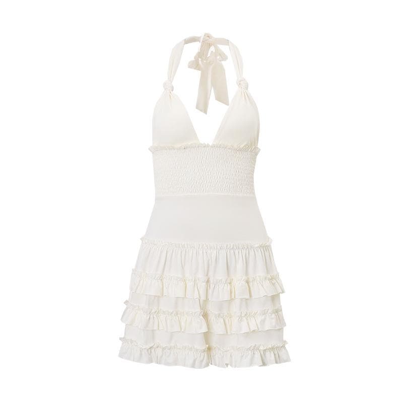Dreamy White Halter Plunge Ruffle Mini Dress - Chic for Fall Soirees & Sunny Getaways