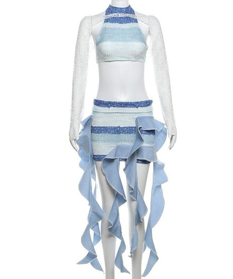 Siren Chic: Ruffled Striped Mini Skirt Set with Lace Shrug – Fall's Hottest Statement Look