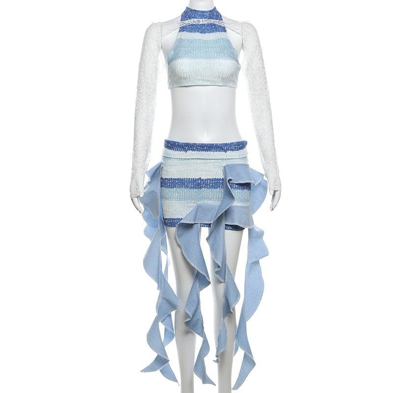 Siren Chic: Ruffled Striped Mini Skirt Set with Lace Shrug – Fall's Hottest Statement Look