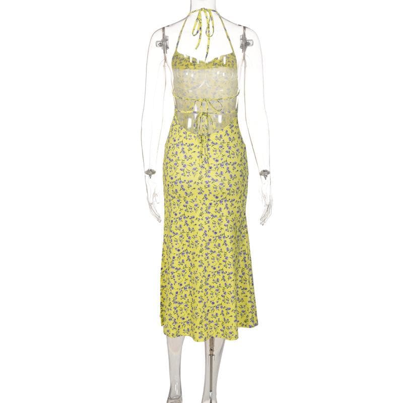 Sunny Bloom Halter Cowl Neck Midi Dress | Effortless Yellow Floral Backless Style for Fall & Resort