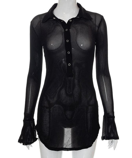 Sultry Sheer Mesh Button-Up Mini Dress - Daring Fall & Halloween Party Statement