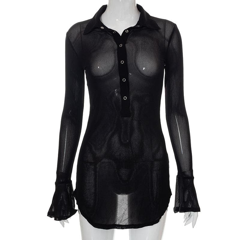 Sultry Sheer Mesh Button-Up Mini Dress - Daring Fall & Halloween Party Statement
