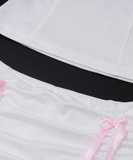 Flirty Coquette White Ruffle Cami & Pink Ribbon Ruched Mini Skirt Set