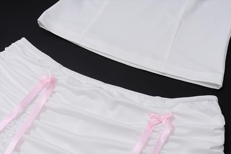 Flirty Coquette White Ruffle Cami & Pink Ribbon Ruched Mini Skirt Set