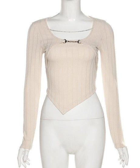 Elevated Fall Ribbed Knit Long Sleeve Top | Chic Chain & Buckle Detail, Asymmetrical Hem