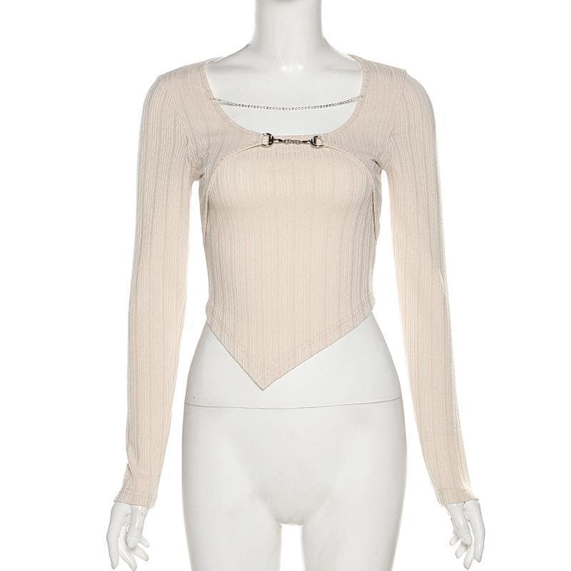 Elevated Fall Ribbed Knit Long Sleeve Top | Chic Chain & Buckle Detail, Asymmetrical Hem