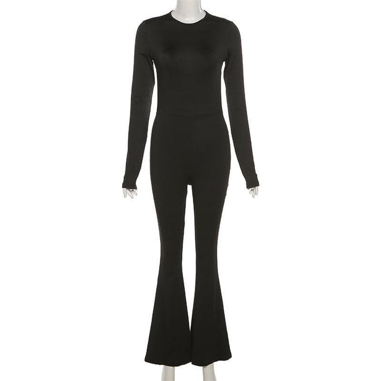 Head-Turning Black Backless Bell Bottom Jumpsuit – Long Sleeve Statement for Fall & Holiday Glam