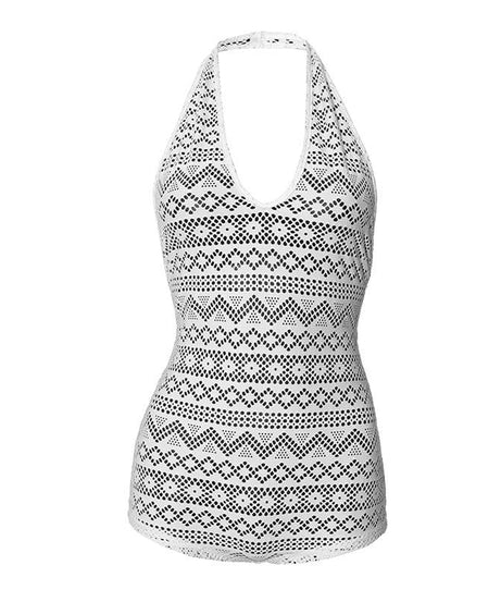 Vacation Ready: Chic White Halter Crochet-Style Romper | Sheer Resort Wear & Tropical Getaway Essential