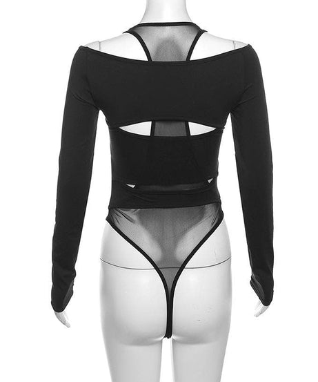 Daring Desire: Black Mesh Cut-Out Long Sleeve Bodysuit – Your Fall & Halloween Party Statement