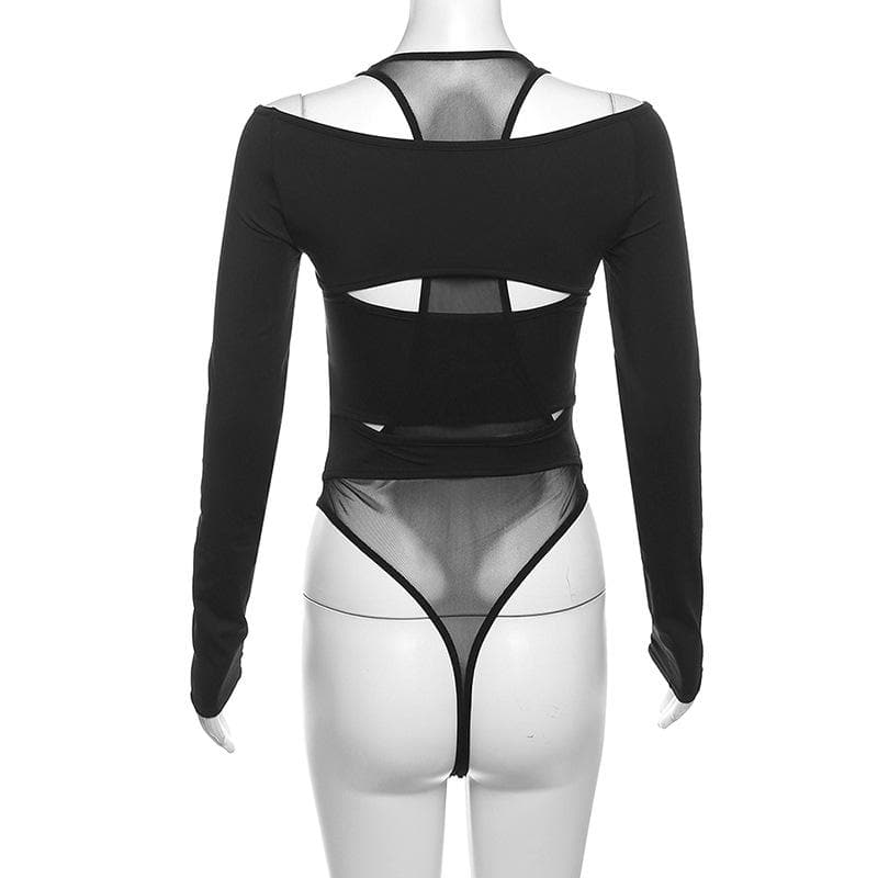 Daring Desire: Black Mesh Cut-Out Long Sleeve Bodysuit – Your Fall & Halloween Party Statement