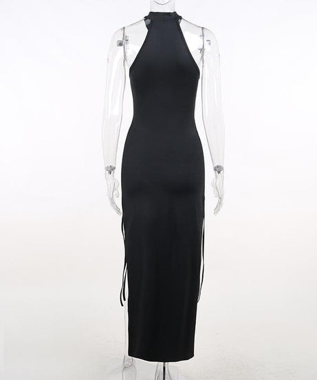 Sultry Black Halter Neck Lace-Up Side Slit Midi Dress - Your Fall & Holiday Party Essential