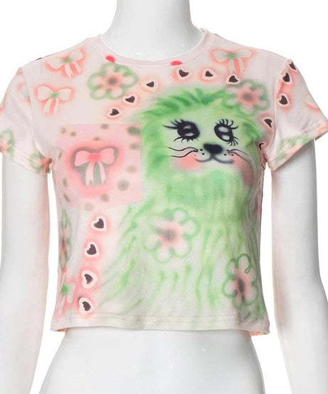Dreamy Pastel Kitty Crop Top - Playful Airbrush Graphic Tee for Cozy Fall Days