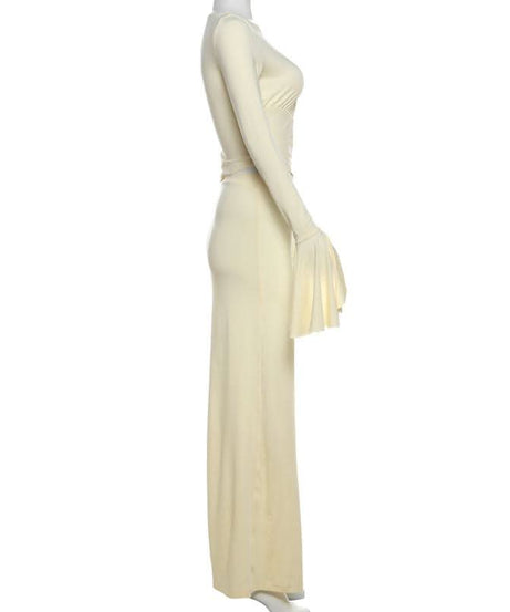 Chic Ivory Ruched Maxi Dress with Flared Bell Sleeves - Your Fall & Holiday Event Essential