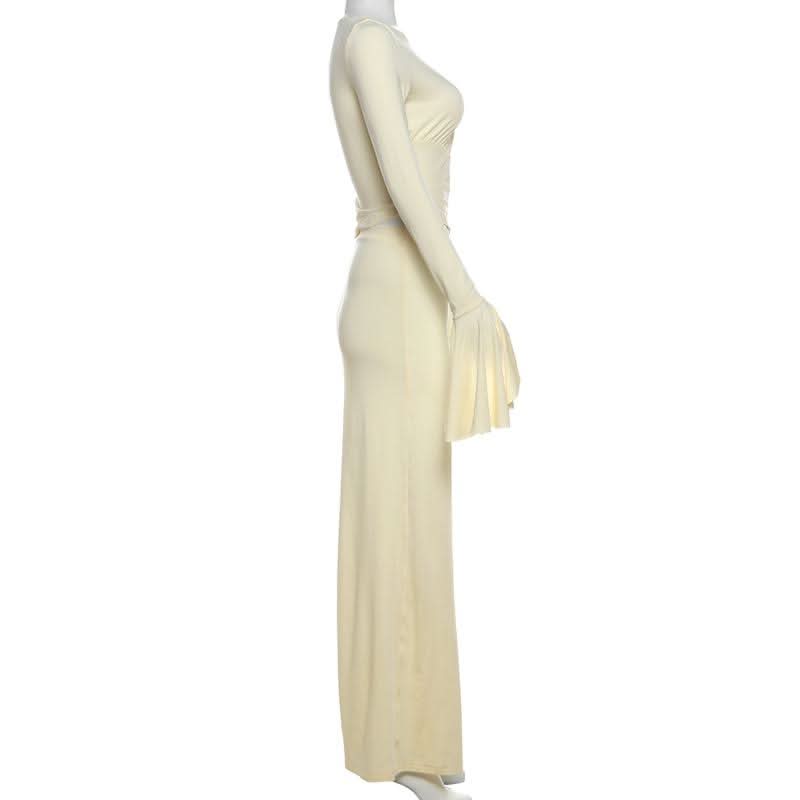 Chic Ivory Ruched Maxi Dress with Flared Bell Sleeves - Your Fall & Holiday Event Essential