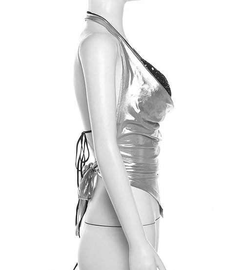 Sparkle & Slay: Y2K Metallic Silver Cowl Neck Halter Top – Your Ultimate Party & Holiday Glam Piece!