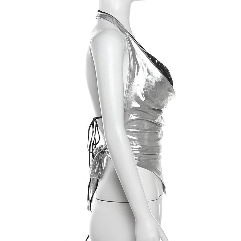 Sparkle & Slay: Y2K Metallic Silver Cowl Neck Halter Top – Your Ultimate Party & Holiday Glam Piece!