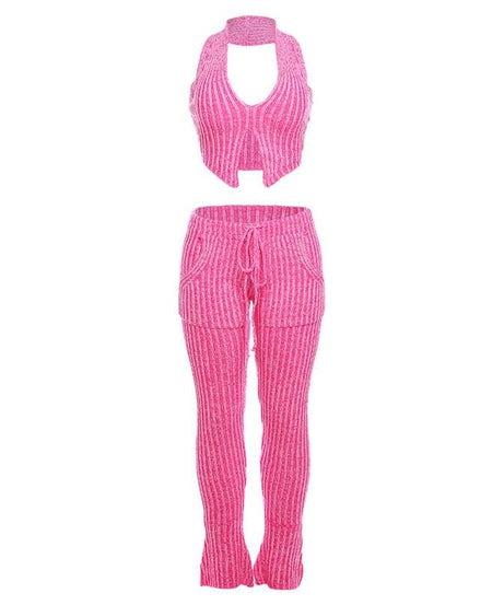 Effortless Chic Striped Knit Halter Top & Lounge Pants Set - Fall Comfort Must-Have