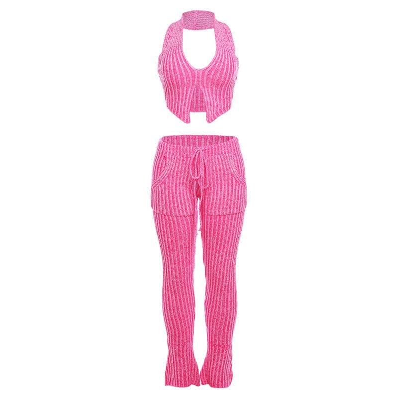 Effortless Chic Striped Knit Halter Top & Lounge Pants Set - Fall Comfort Must-Have
