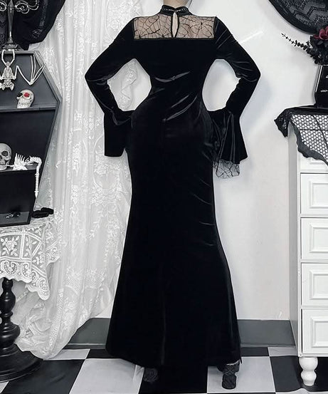 Haute Halloween: Black Velvet Spiderweb Maxi Dress - Elegant Gothic Glamour