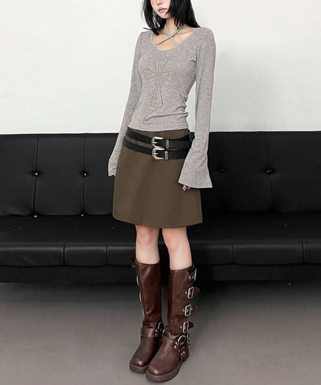 Fall Vibes Y2K Rhinestone Cross Criss-Cross Neck Long Sleeve Top with Flared Cuffs