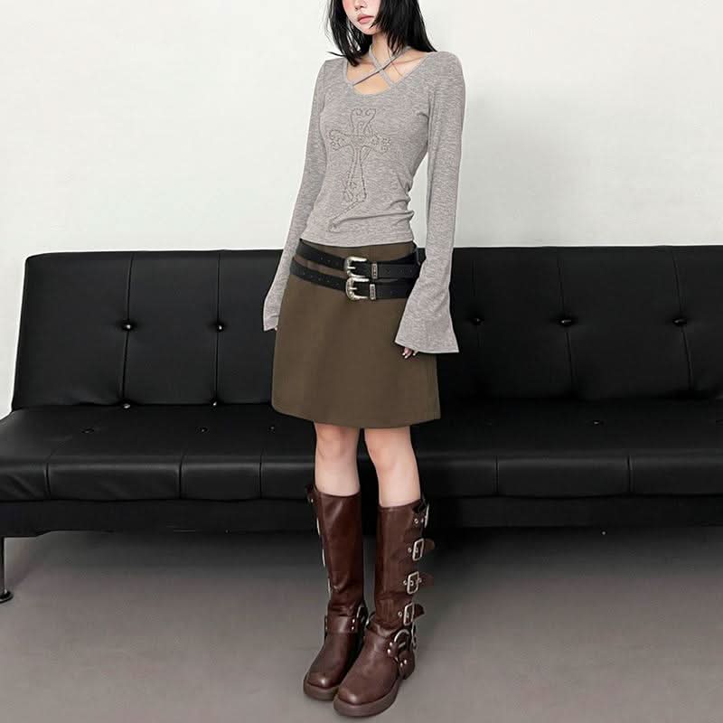 Fall Vibes Y2K Rhinestone Cross Criss-Cross Neck Long Sleeve Top with Flared Cuffs