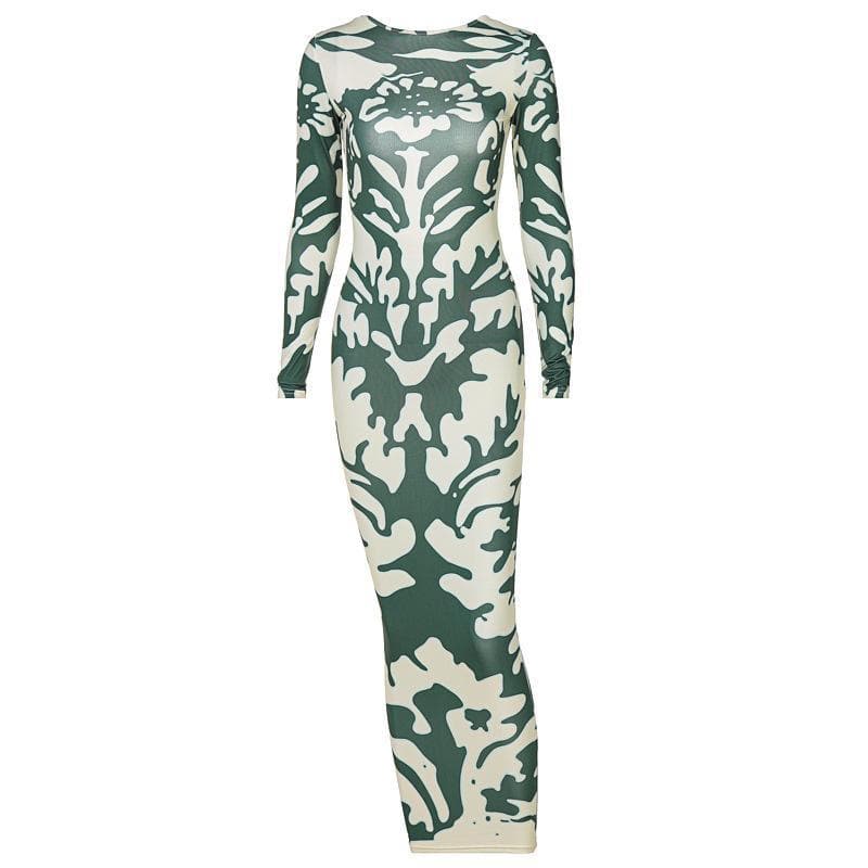 Statement Abstract Print Maxi Dress - Backless Long Sleeve Bodycon for Fall/Holiday