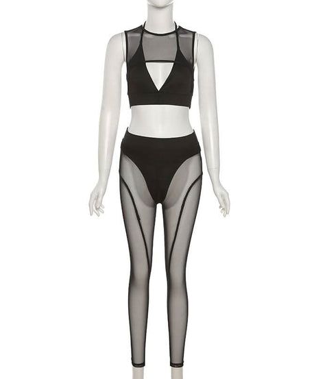 Sultry Sheer Mesh Halter Crop Top & High-Waist Leggings Set – Your Ultimate Halloween, Club & Festival Look