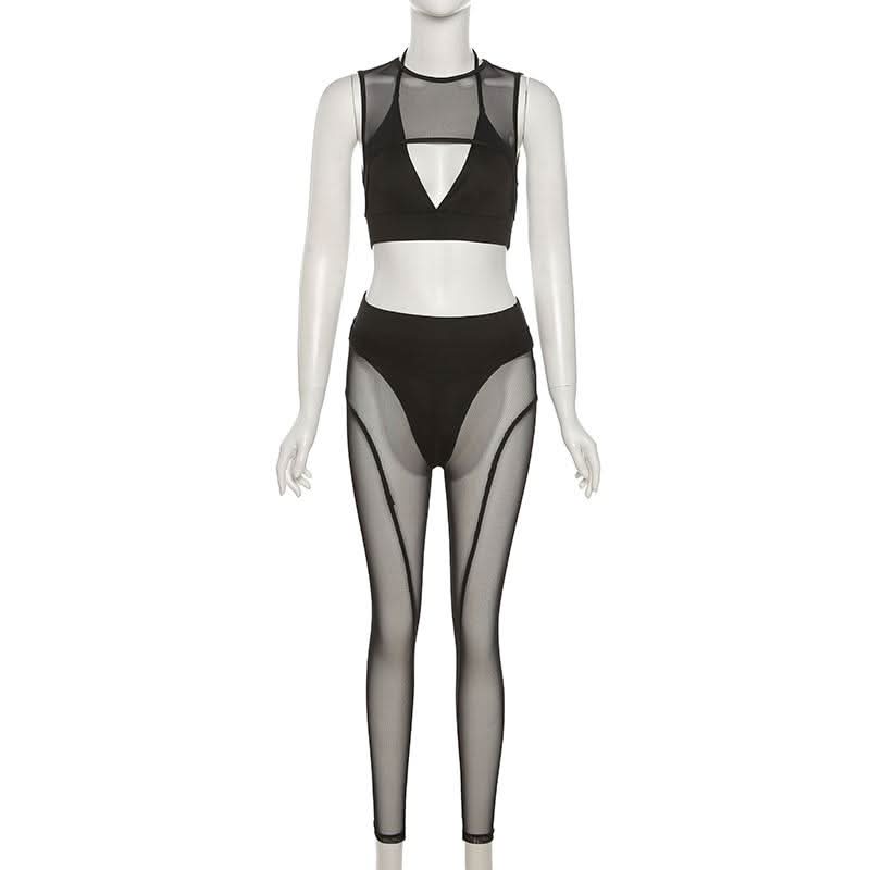 Sultry Sheer Mesh Halter Crop Top & High-Waist Leggings Set – Your Ultimate Halloween, Club & Festival Look