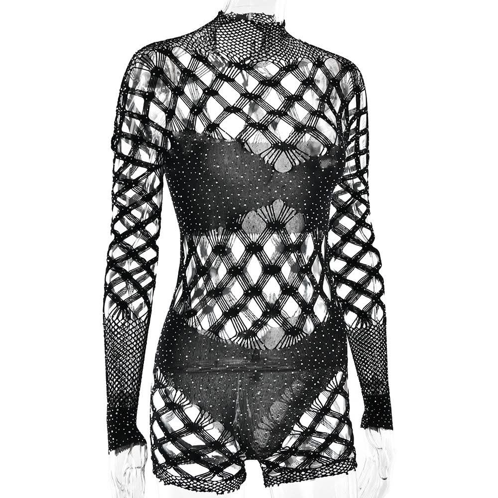 Halloween & Holiday Glam: Dazzling Rhinestone Fishnet Long Sleeve Romper