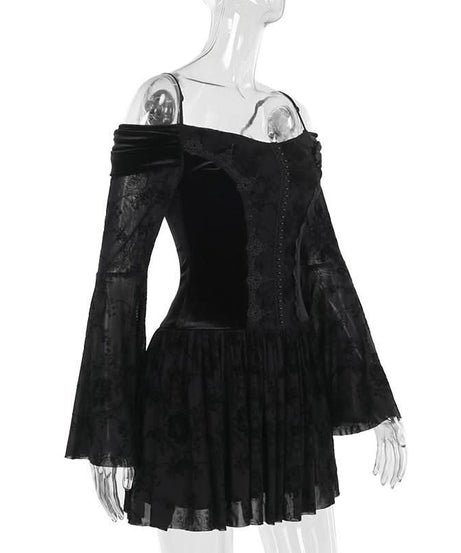 Slay the Night: Gothic Velvet Off-Shoulder Mini Dress - Dramatic Flared Sleeves for Halloween & Fall Parties