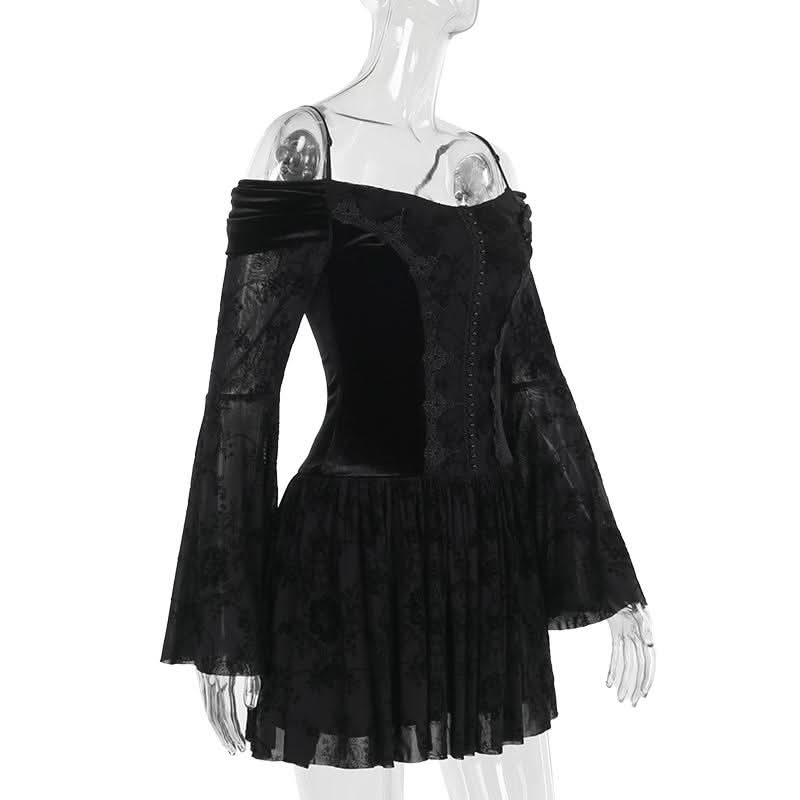 Slay the Night: Gothic Velvet Off-Shoulder Mini Dress - Dramatic Flared Sleeves for Halloween & Fall Parties