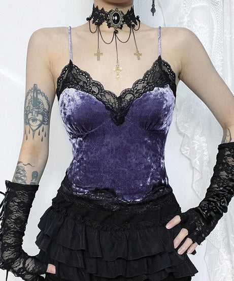 Regal Plum Velvet & Lace Gothic Cami Top | Spooky Season Glamour & Fall Style