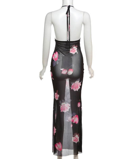 Floral Fantasy Sheer Mesh Halter Maxi Dress - Glamorous Nights Out