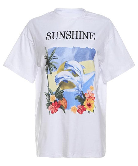 Women's 'Sunshine' Dolphin & Tropical Graphic Tee - Your Cozy Fall & Winter Getaway Vibe Top
