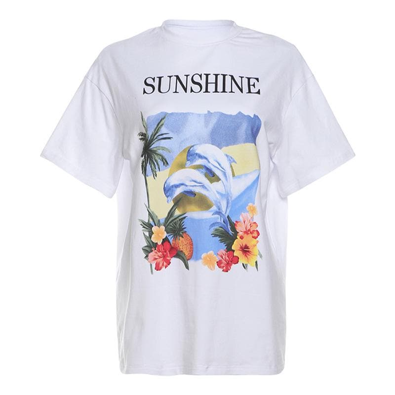 Women's 'Sunshine' Dolphin & Tropical Graphic Tee - Your Cozy Fall & Winter Getaway Vibe Top