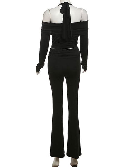 Gothic Glam Halter Off-Shoulder Flared Pant Set - Fall & Holiday Party Ready