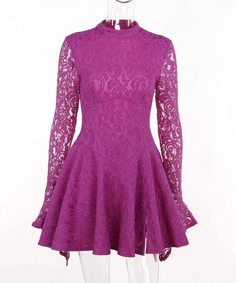 Head-Turning Fuchsia Lace Mock Neck Mini Dress - Your Essential for Fall Parties & Holiday Glam