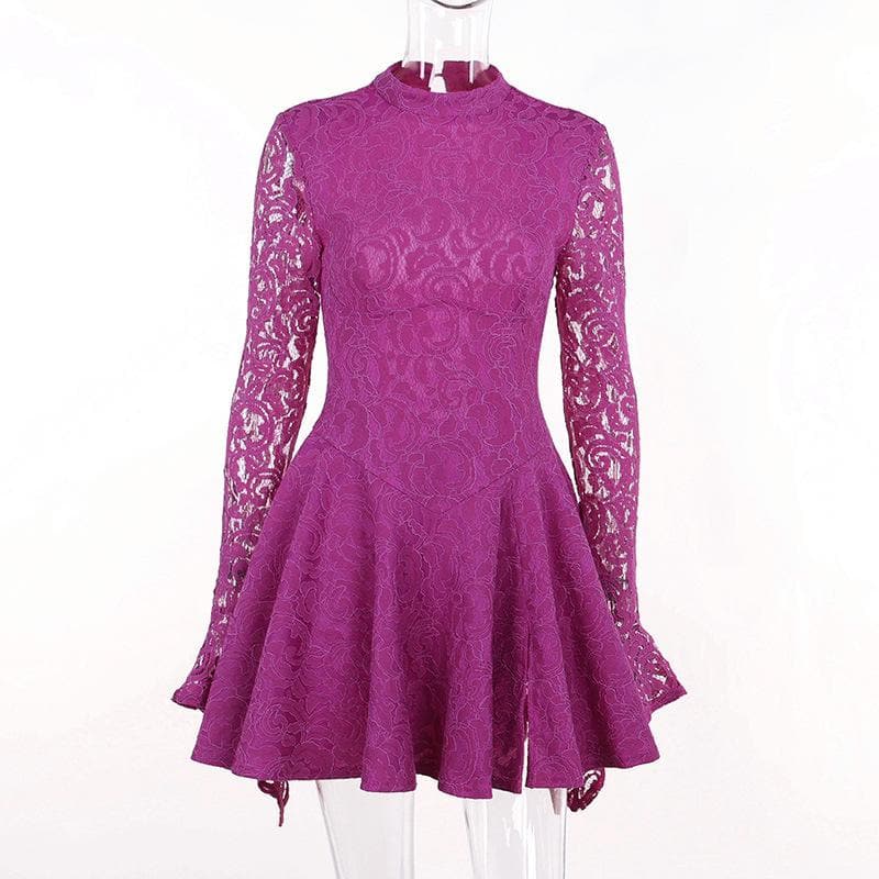 Head-Turning Fuchsia Lace Mock Neck Mini Dress - Your Essential for Fall Parties & Holiday Glam