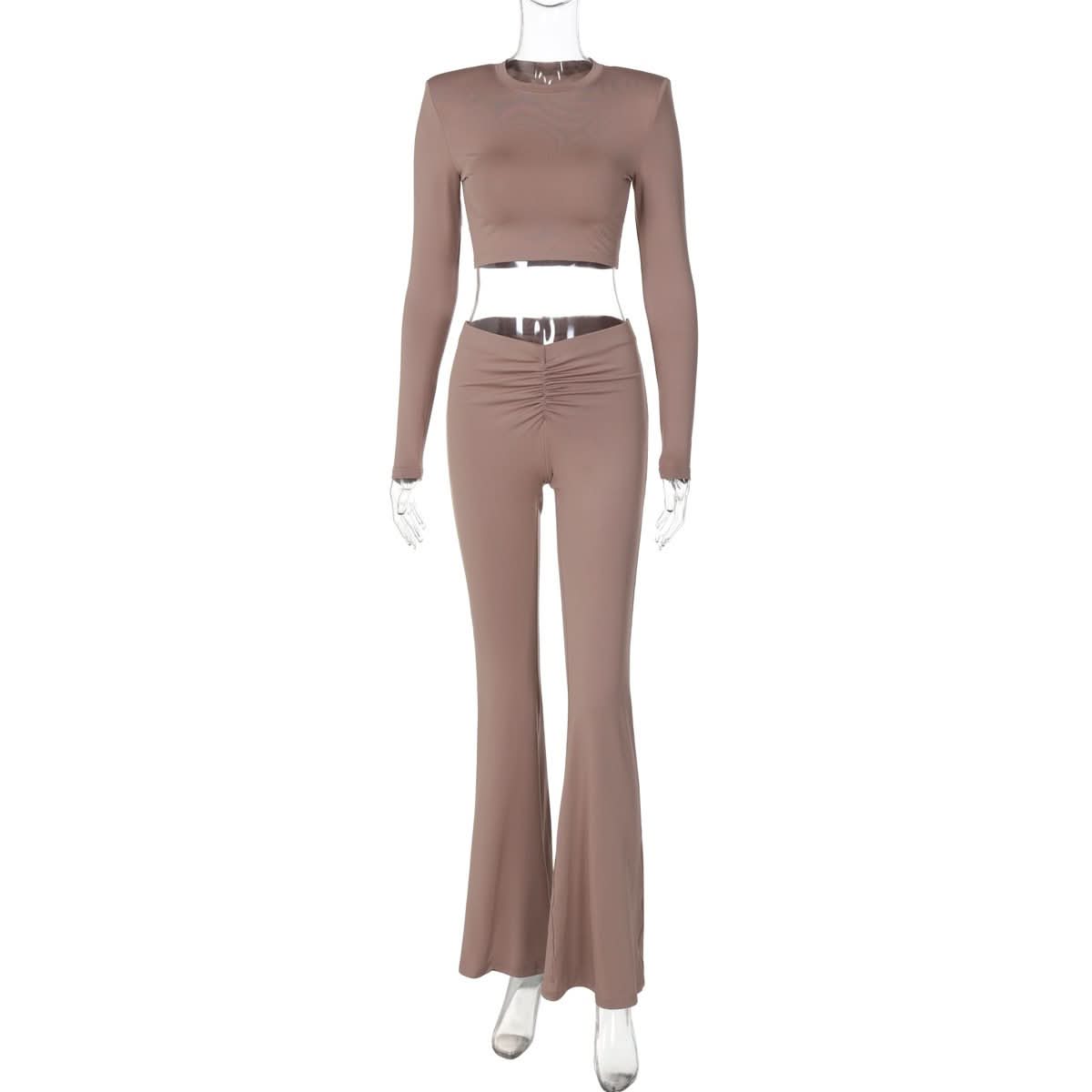 Cozy Fall Chic: Women's Ruched Flare Pant & Long Sleeve Crop Top Set - Mocha Brown Loungewear