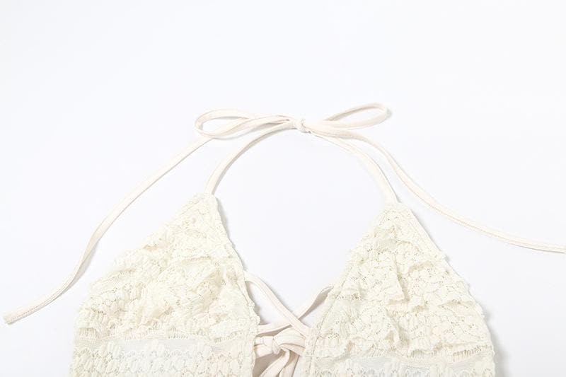 Chic Ruffled Halter Swim Romper - Cream Lace One-Piece Skirted Swimsuit for Tropical Getaways & Resort Wear