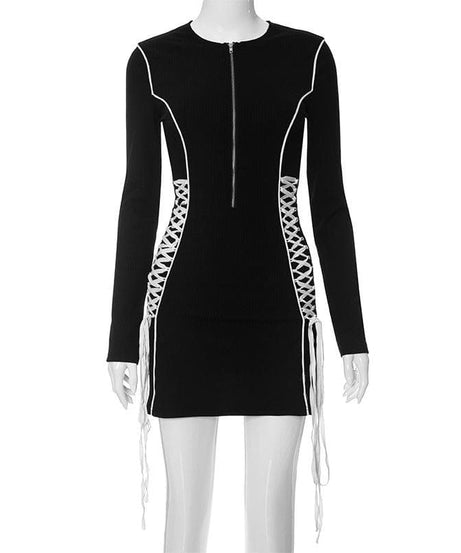 Edgy Chic Long Sleeve Lace-Up Mini Dress - Black Bodycon Zip-Up for Fall Nights & Holiday Parties