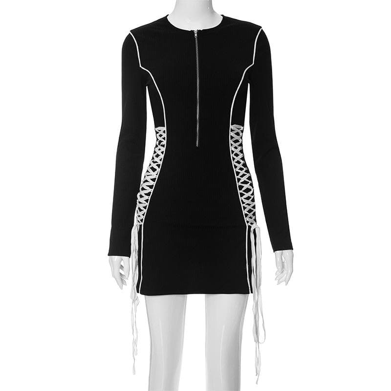 Edgy Chic Long Sleeve Lace-Up Mini Dress - Black Bodycon Zip-Up for Fall Nights & Holiday Parties