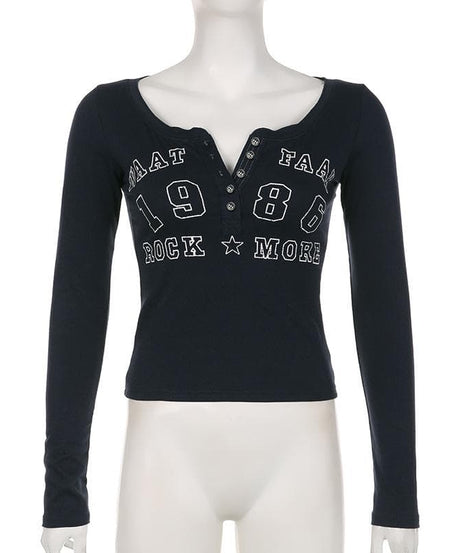 Effortless Fall Vibes: Retro 1986 Graphic Long Sleeve Henley Top for Women