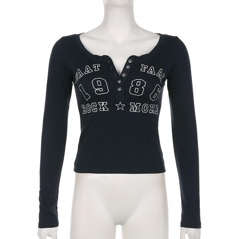 Effortless Fall Vibes: Retro 1986 Graphic Long Sleeve Henley Top for Women